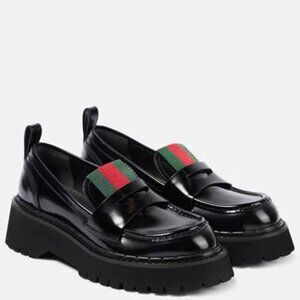 NWB GUCCI Lug Sole Penny Loafers Black Web Slip Ons 39.5 806399